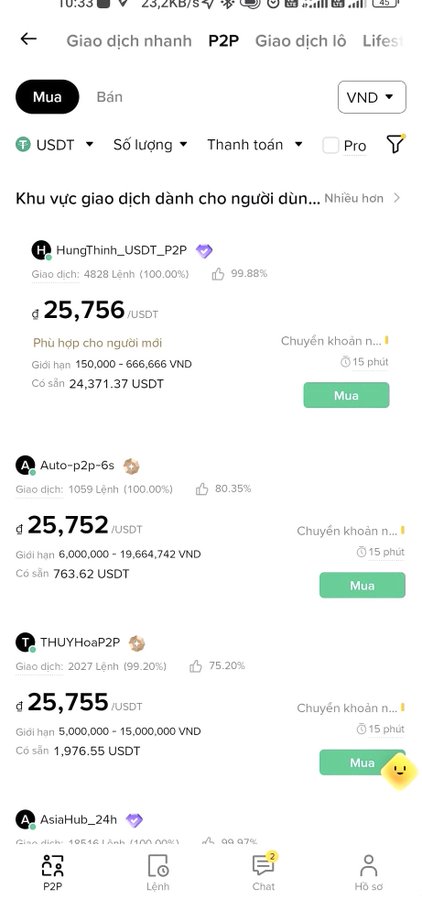 A Vietnamese mobile app showing P2P USDT trading listings with prices around 25,755 VND per USDT, featuring sellers like HungThinh_USDT_P2P and Auto-p2p-6s.