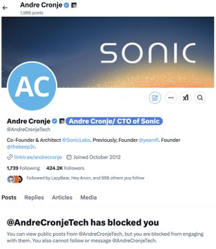 There's a screenshot of a twitter feed showing that someone blocked the account "@andreCronje". The screen has various text elements such as the name @ Andre Cronje, a company @ Sonic Labs #CTO @ Sonic, a person with the name @ Andre Cronje and an account @TheExpressoFollowing you on Instagram. The posts are from accounts like @TheExpresso and @AndreCronje, which is linked to by mentioning them in several different posts.