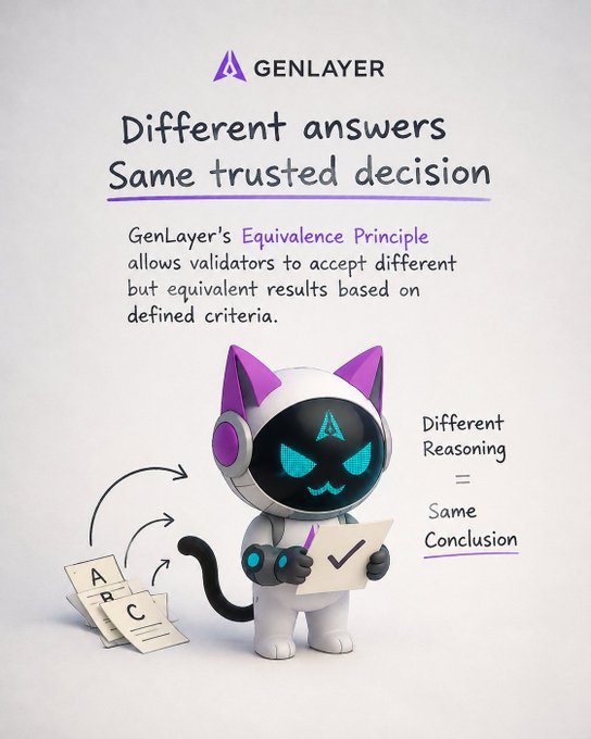 An informational graphic for GenLayer featuring the headline 'Different answers Same trusted decision,' explaining the Equivalence Principle with a cartoon cat-like mascot character.