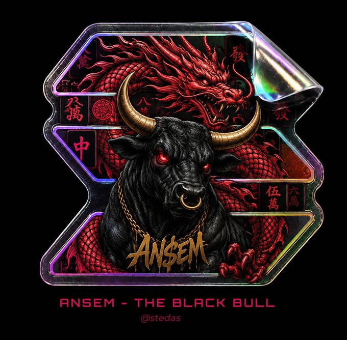 Digital artwork titled 'ANSEM - THE BLACK BULL' by @stedas, depicting a black bull with red eyes and gold horns emerging from an iridescent letter 'Z' with a red dragon behind it.