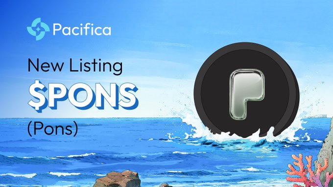 The image announces a new crypto listing on Pacifica, featuring a large "P" logo set against an ocean backdrop alongside the text "New Listing $PONS (Pons)." It promotes the $PONS token now being available for trading with up to 3x leverage at app.pacifica.fi/trade/PONS.