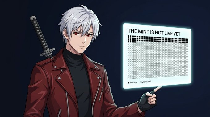 An anime-style character with white hair and a red jacket holding a katana sword, pointing to a screen displaying 'THE MINT IS NOT LIVE YET' with a progress grid showing allocated and unallocated sections.