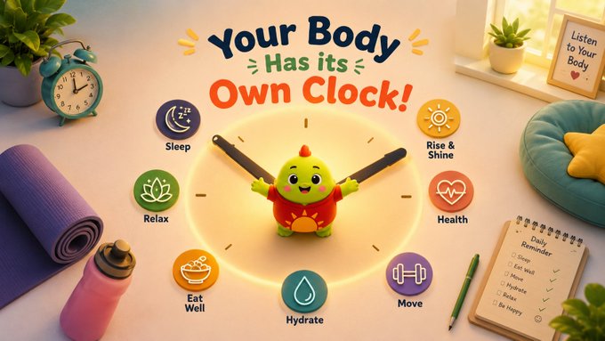 Colorful health infographic titled 'Your Body Has Its Own Clock!' featuring a small green/red character in the center surrounded by six icons: Sleep, Rise & Shine, Health, Move, Hydrate, and Eat Well, with a background showing yoga mat, alarm clock, water bottle, and a 'Daily Reminder' notepad.