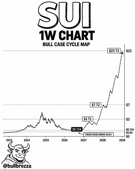 A financial chart titled 'SUI 1W CHART BULL CASE CYCLE MAP' projecting price targets of $3 (T1), $7 (T2), and $23 (T3) by 2029, by @bullbrezza.