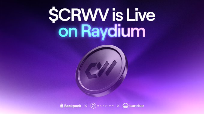 A purple promotional graphic announces "$CRWV is Live on Raydium" featuring a dark coin emblem, with logos at the bottom for Backpack, Raydium, and Sunrise—visually reinforcing the launch of CoreWeave's AI-focused token trading on Solana through these partnerships.