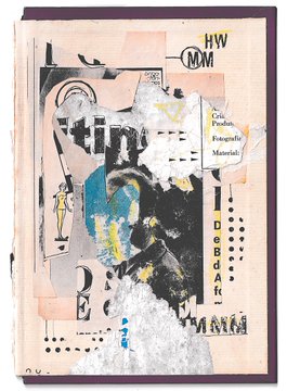 A mixed-media artwork featuring torn paper, paint, and printed text including "HW/MW" in a circle and the word "Design" vertically alongside other small text elements.