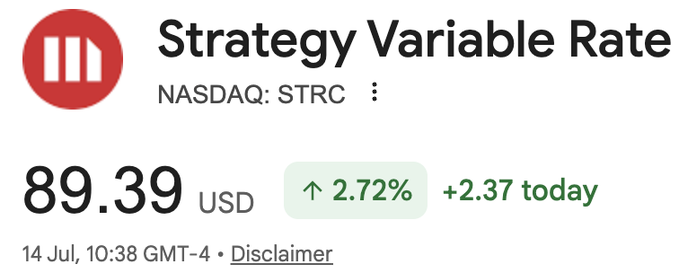 A stock ticker showing Strategy Variable Rate (NASDAQ: STRC) trading at $89.39 USD, up 2.72% (+$2.37) as of July 14, 10:38 GMT-4, illustrating the recent recovery referenced in the post about the product's early resilience and long-term potential.