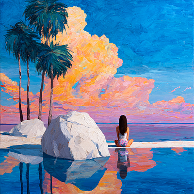 A vibrant, impressionistic painting depicting a woman sitting on a beach beside white rocks and palm trees, watching a sunset reflected in calm blue water.