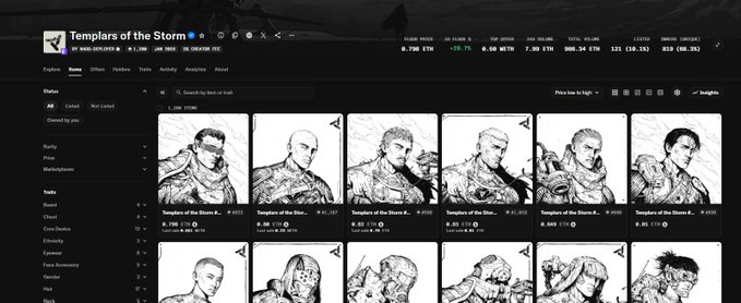 Screenshot of a NFT trading interface showing a collection called "Templars of the Storm" with black and white character illustrations.