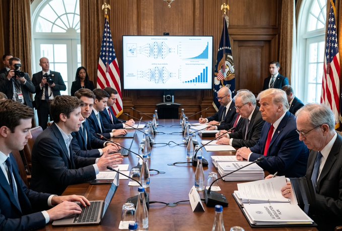 A meeting in a wood-paneled room where officials, including one resembling Donald Trump, sit across from younger men at a long table with American flags in the background.