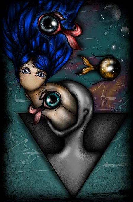 A dark digital artwork featuring a character with blue hair and large eyes alongside floating eyeball-like fish creatures, set against a teal background with triangular geometric shapes.
