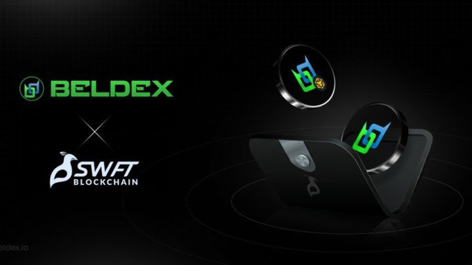 A promotional graphic featuring the Beldex cryptocurrency logo alongside a partnership announcement with SWFT Blockchain, with coins bearing the Beldex logo displayed on a dark background.