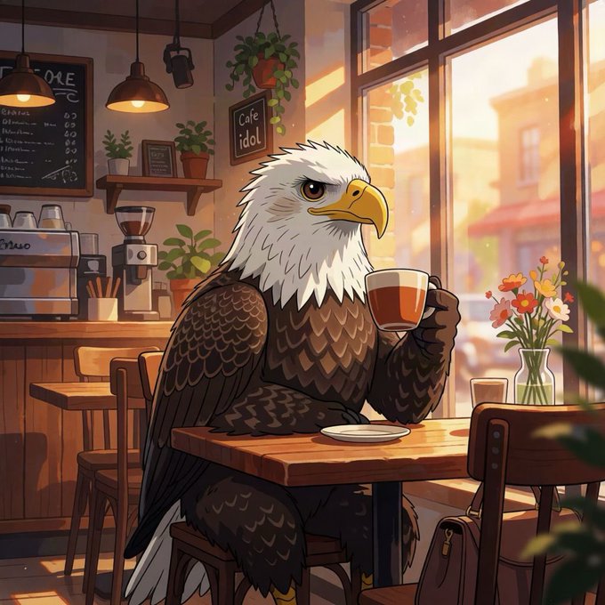 An illustrated bald eagle sits at a cafe table holding a cup of coffee, with a 'Cafe idol' sign visible on the wall.