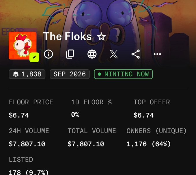 NFT collection page for 'The Floks' showing 1,838 items, currently minting, with a floor price of $6.74, 24H volume of $7,807.10, and 1,176 unique owners.