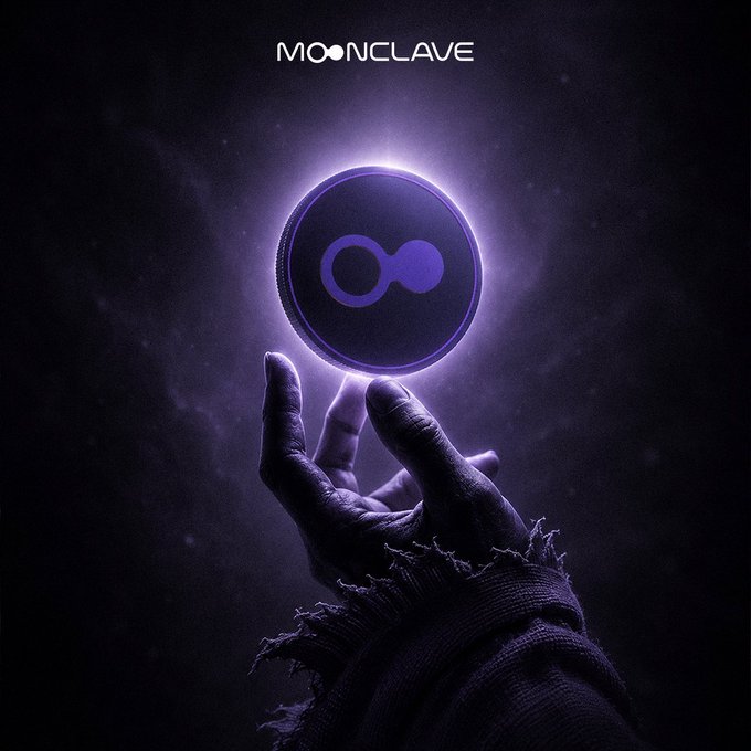 Dark purple digital artwork titled 'MOONCLAVE' featuring a hand reaching up toward a glowing infinity symbol inside a circle.