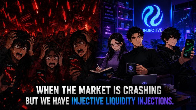 The image features a poster with a group of people sitting around a table, each holding their cell phones up. The text on the poster reads "When the market is crashing but we have INJECTIVE Liquidity Injections." This suggests that despite the market's current state, there are still opportunities for those who invest in INJECTIVE Liquidity Injections to make money.