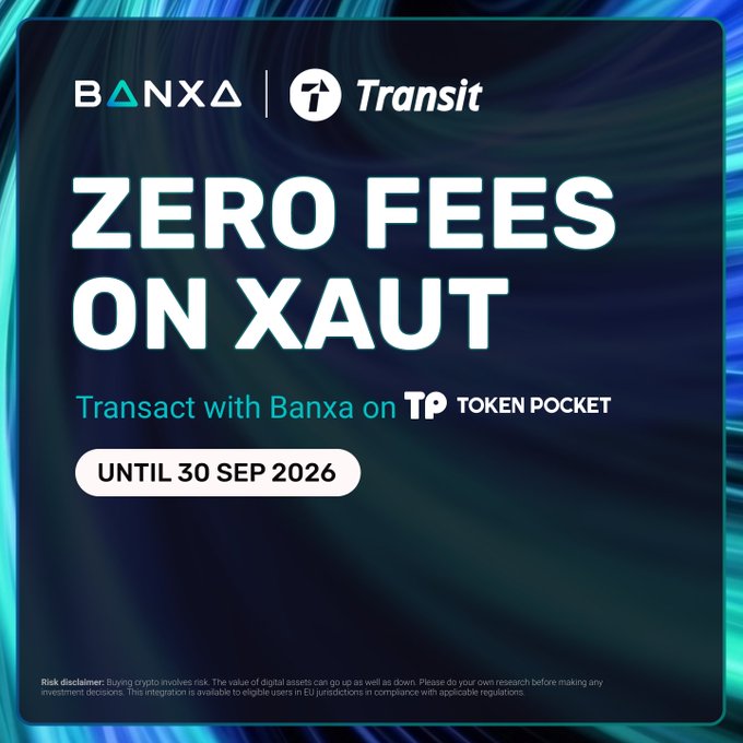 Banxa and Transit Finance promotional graphic announcing zero fees on XAUT (Tether Gold) transactions through Token Pocket until September 30, 2026, featuring a teal and dark blue abstract background with the partnered company logos at the top.