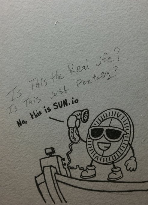 A hand-drawn illustration of a coin mascot wearing sunglasses and holding a rotary phone appears with text reading "Is This the Real Life? Is This Just Fantasy? No, this is SUN.io," playfully tying into the staking rewards reminder.