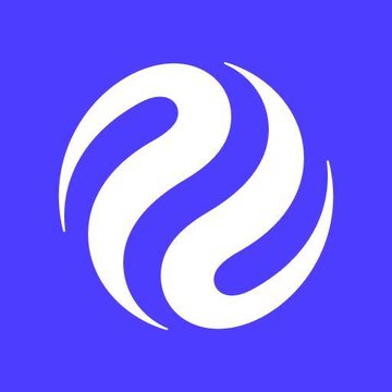 A minimalist logo featuring swirling white shapes on a vibrant blue background.