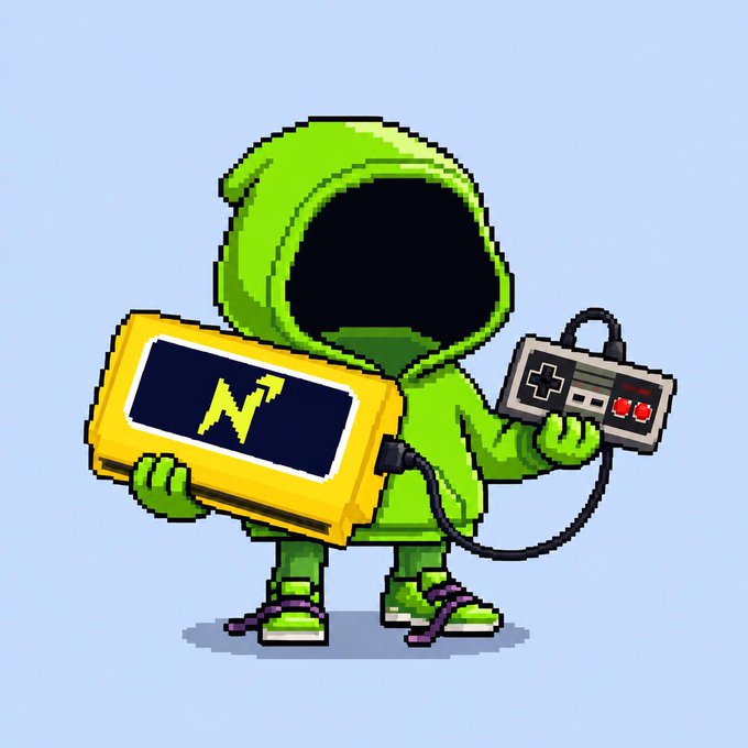 A pixel art illustration of a faceless figure in a green hoodie holding a yellow monitor displaying an 'N' logo and a classic grey video game controller.