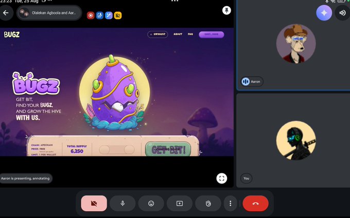 A Google Meet video call screenshot where user Aaron is screen-sharing a webpage for "BUGZ" crypto project featuring a purple egg mascot, while two cartoon avatars (a dog and a green alien) appear in the side panels.