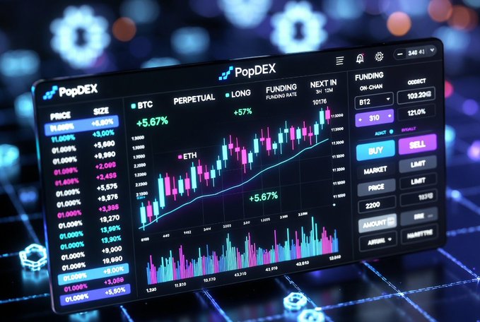 A futuristic 3D rendering displays the PopDEX cryptocurrency trading platform interface showing BTC Perpetual Long positions at +5.67%, ETH charts, and buy/sell market order options against a dark, tech-themed background.