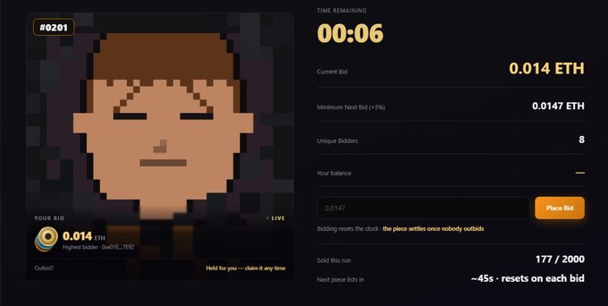 A Dutch auction interface showing pixel art NFT #0201 with 6 seconds remaining, a current bid of 0.014 ETH, 8 unique bidders, and 177 of 2000 pieces sold.