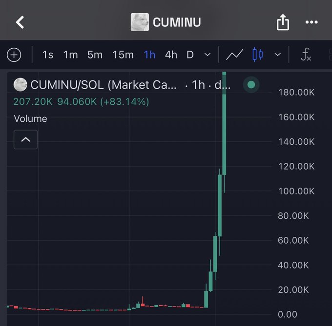 A 1-hour candlestick chart for CUMINU/SOL shows a massive 83.14% surge to 207.20K, with a tall green candle spiking past 180K, suggesting explosive upward momentum. The image aligns with the post's hype about CUMINU reaching 300K next, while also promoting the $paid token.