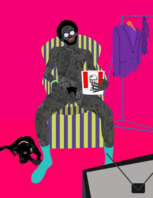 The image features a man sitting in an armchair with his legs crossed while holding a KFC container. A dog is also present in the scene, lying down next to him. The background includes a pink wall and a TV screen. The image has been shared on social media platforms, where it has gained attention for its artistic style and unique subject matter.