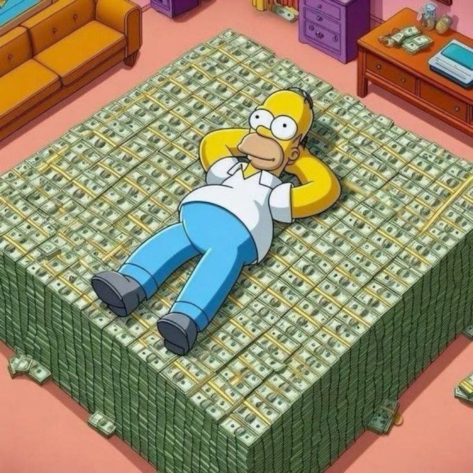 Homer Simpson lounges blissfully atop a massive bed of stacked cash in his living room, capturing the ultimate meme-coin fantasy. The image humorously illustrates the post's theme of chasing the next big memecoin that promises life-changing riches.