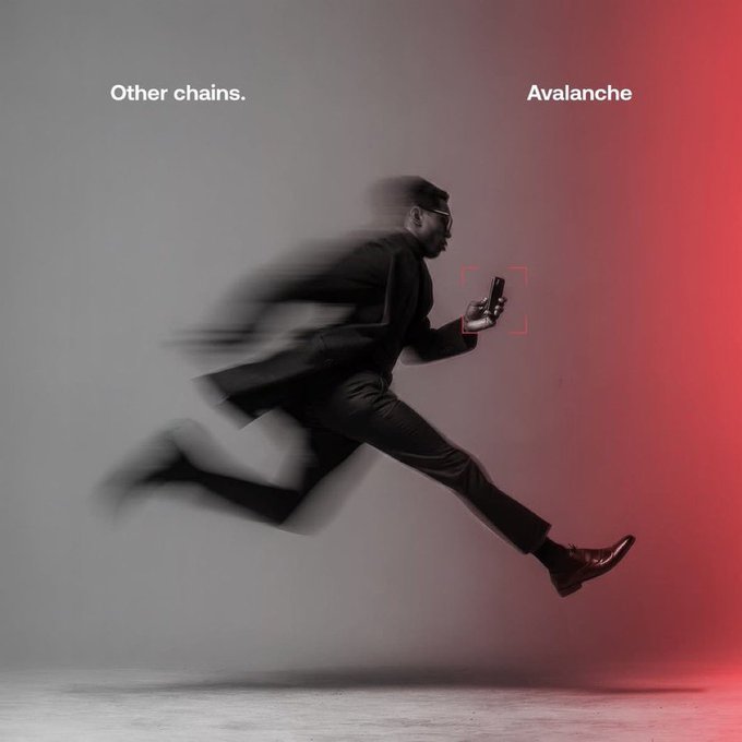 The image is a stylized promotional graphic featuring a man in a suit holding a phone, frozen mid-stride with a motion blur trailing behind him, set against a background split between gray ("Other chains") and red ("Avalanche"). The accompanying post humorously attributes the image to a creator who "steals random photos," playing on the idea that the man's hyper-speed pursuit of Avalanche makes him appear to be running away from "other chains" toward the faster, more dynamic Avalanche network.