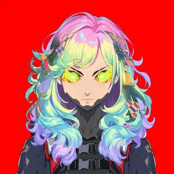 An anime-style illustration depicts a character with vibrant, multicolored pastel hair and bright green eyes set against a solid red background.