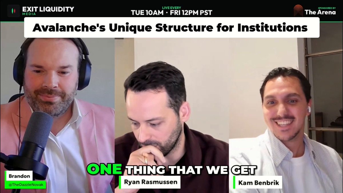The image shows three men wearing headphones and microphones, with each man holding a microphone while they are talking into them. The background of the image features a white wall, which serves as the backdrop for their conversation. The text "Avalanche's unique structure for institutions" is displayed on the screen above the men, indicating that Avalanche has a distinct approach to managing its resources and operations compared to other L1s in the industry. This uniqueness could be attributed to its structure, which allows it to focus on specific areas of expertise or target particular markets more effectively than its competitors. The post suggests that Avalanche's research team is bullish on this aspect of their business due to the potential benefits it offers for both the company and its institutional partners.