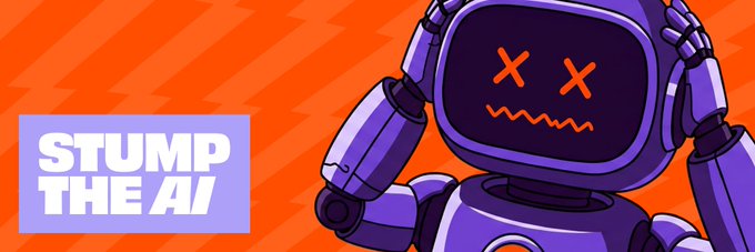 An angry robot head with X's in its eye sockets disintegrating into the background, accompanied by the instruction "STUMP THE AI," embodies the challenges faced by artificial intelligence when recurring questions laugh in its face. The disappearing robot head could represent the erosion of knowledge or memory in the context of rapidly evolving technologies such as blockchains, similar to how carrier pigeons were used in the past.