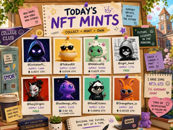 A colorful bulletin board display titled 'TODAY'S NFT MINTS' shows various cartoon NFT characters pinned up with supply numbers, prices, and usernames like @InitiateNFT and @YolkiesRH.