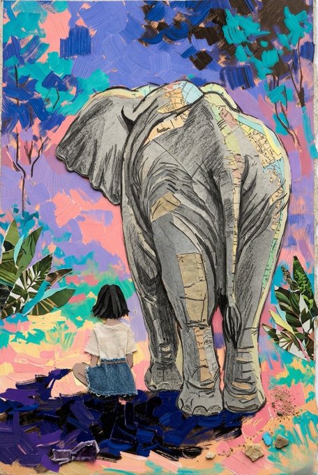 A mixed-media artwork featuring a small girl with black hair sitting and facing a large, sketched grey elephant covered in map-like patches, set against a colorful, painted background of blues and pinks.
