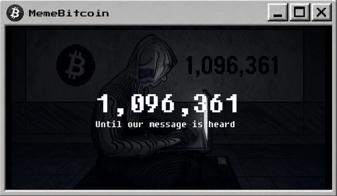 A pixel-art style graphic titled 'MemeBitcoin' showing a hooded figure using a laptop in a dark room, with the text '1,096,361' and 'Until our message is heard' overlaid.