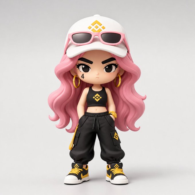 The image features a figurine of a girl with pink hair, wearing sunglasses and a hat. She has a black tank top and matching pants, giving her a hipster style. The figurine also wears yellow shoes that match her outfit. The background is plain white, which makes the colorful figure stand out even more. The post about the girl's character seems to be related to the figurine, as it mentions "dappOS_com" and "币安公仔".