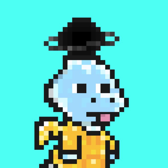 A pixel art illustration of a blue, snowman-like character wearing a black top hat and a yellow outfit, sticking out its tongue against a turquoise background. The whimsical mascot complements the post's energetic pitch for the community, which references the 60h to 99h price movement of the crypto ticker $HBAR and calls on viewers to join @cr7sart and use the @hashpack wallet.