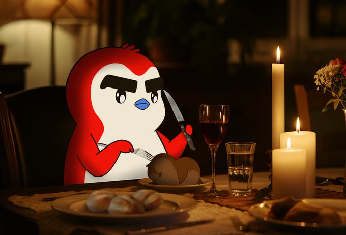 A red and white penguin cartoon character with thick eyebrows sits at a candlelit dinner table, holding a knife and fork over a roasted bird, with wine and bread nearby.