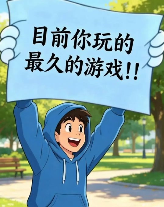 An anime-style illustration of a smiling boy in a blue hoodie holding a sign with Chinese text that translates to 'The game you've been playing the longest!!'.