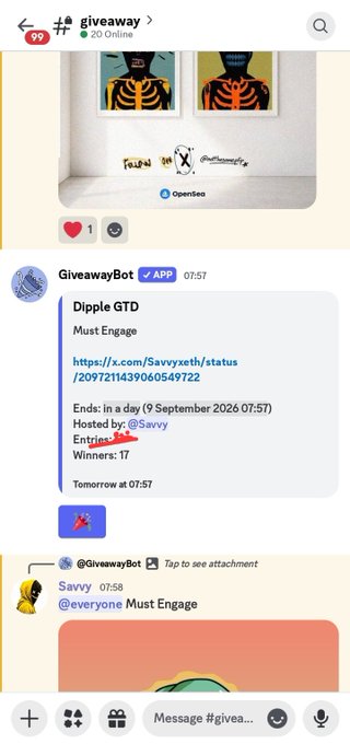 A Telegram giveaway post hosted by @Savvy for a 'Dippie GTD' NFT ends on September 9, 2026, requiring engagement to enter.