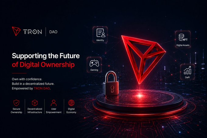 A promotional graphic for TRON DAO with the tagline 'Supporting the Future of Digital Ownership' features icons for Identity, NFT, Gaming, and DeFi.