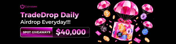 Promotional banner for Coinstore’s “TradeDrop Daily” airdrop event, featuring parachutes and token graphics. Key text includes “Airdrop Everyday!!!,” “SPOT GIVEAWAYS,” and “$40,000,” matching the post’s announcement of daily spot airdrop giveaways.