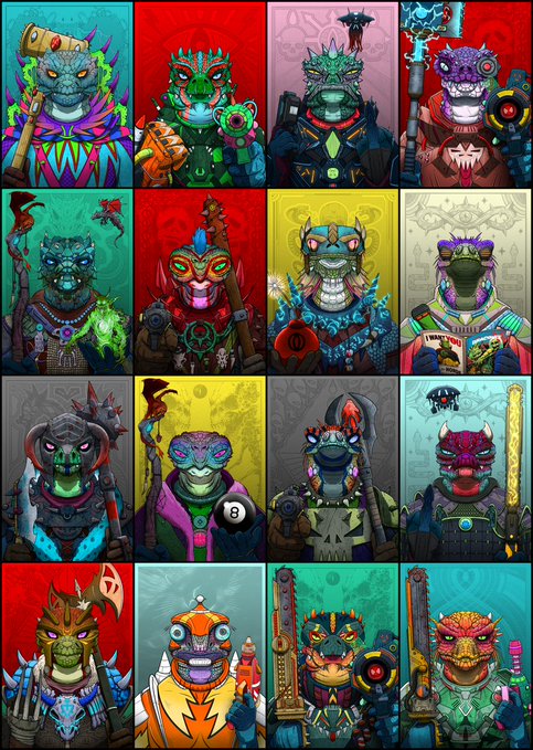 A colorful 4x4 grid of stylized cartoon character portraits featuring various creatures like turtles, dragons, and frogs in elaborate outfits and accessories, each set against a different colored background.