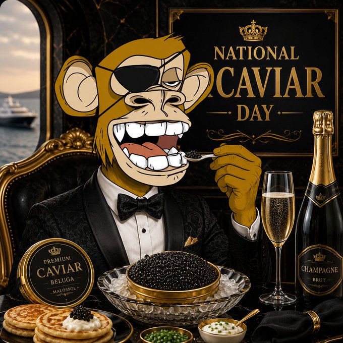 An illustration of a cartoon monkey wearing an eyepatch and tuxedo for 'NATIONAL CAVIAR DAY,' surrounded by caviar, champagne, and blinis.