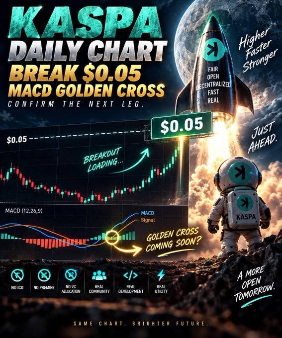 A promotional graphic for Kaspa cryptocurrency showing a chart breaking $0.05, a MACD Golden Cross, and an astronaut, with text like 'Higher Faster Stronger' and 'JUST AHEAD.'