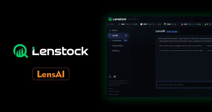 A dark-themed promotional screen for Lenstock showcasing their 'LensAI' Terminal Stock tool, displaying a chat interface and a sidebar board with stock tickers like RUM, IRDM, FOXF, URD, and BABA.