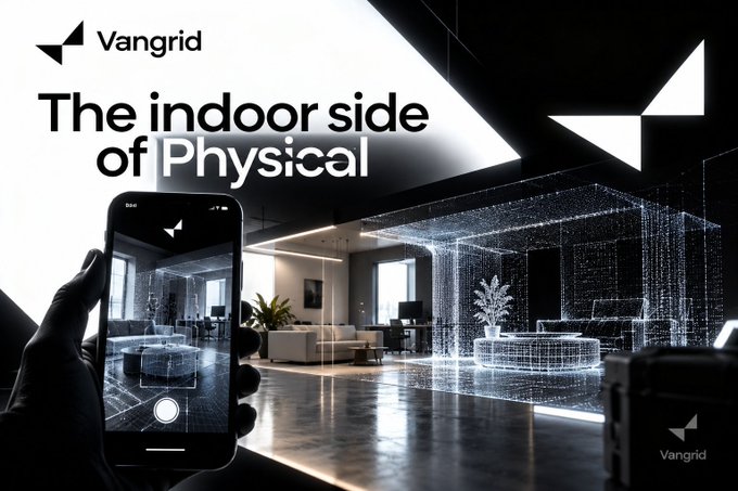 An advertisement for 'Vangrid' titled 'The indoor side of Physical', showing a hand using a smartphone to capture a 3D-scanned wireframe of a living room interior.