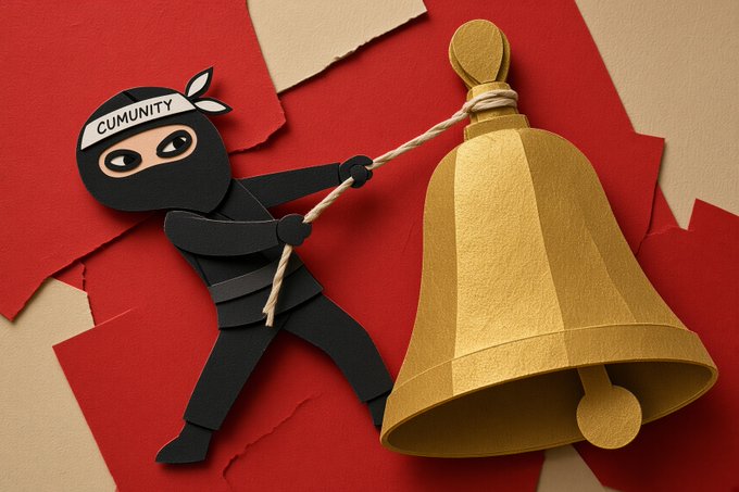 A cartoon ninja character wearing a 'CUMUNITY' headband pulling a large golden bell with a rope against a torn red paper background.